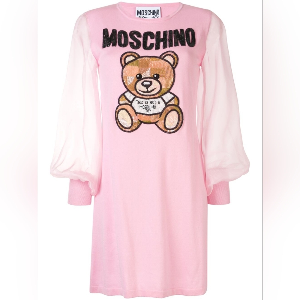 Moschino Cotton Dress Teddy Embroidery In Confetti Pink